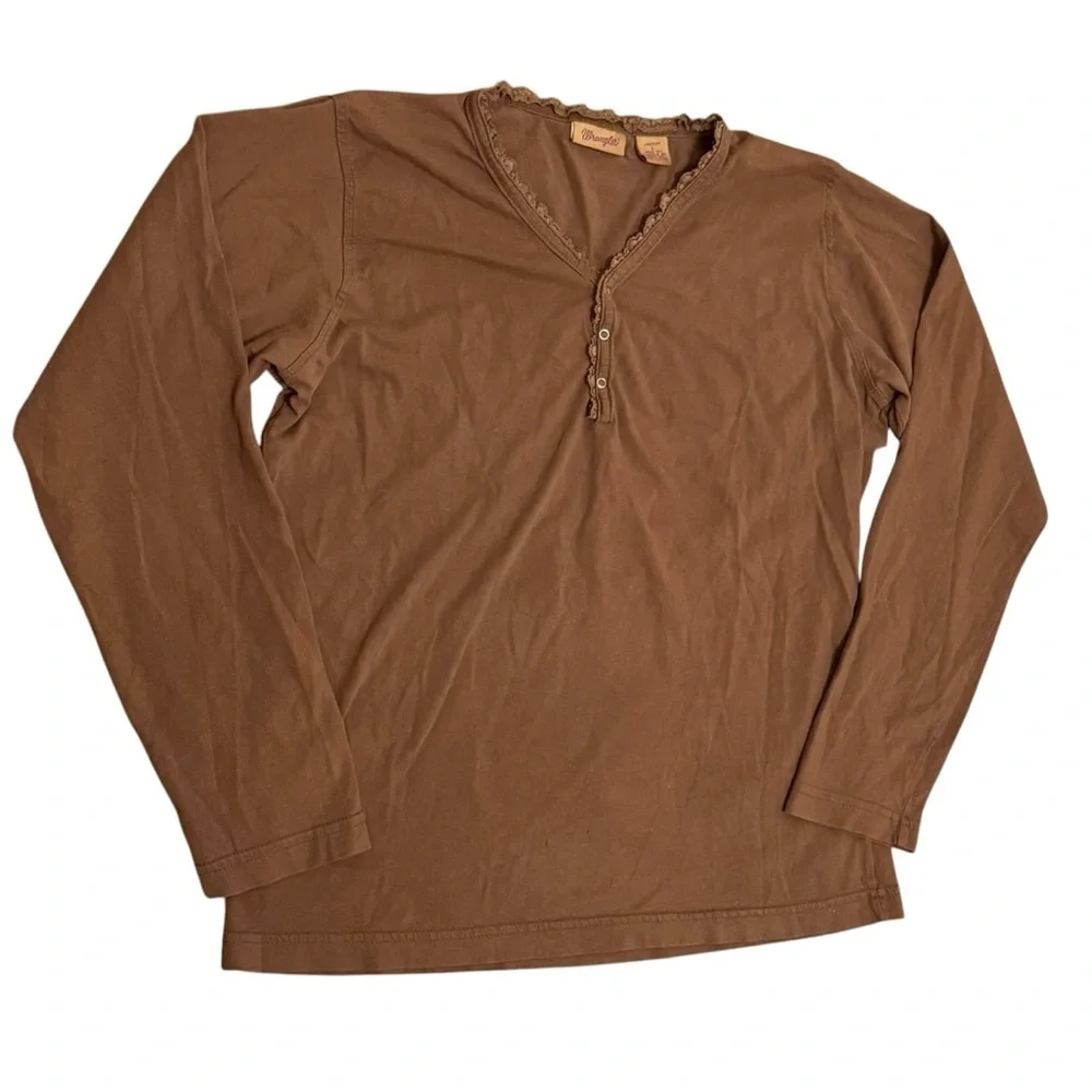 Wrangler Y2K Lace Trim Henley Long Sleeve T-Shirt Women Large Chocolate Brown - Picture 2 of 8